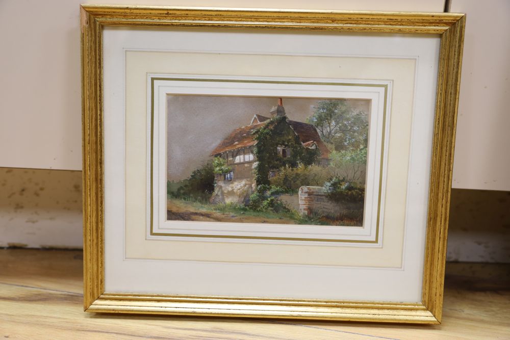 S.M. Scott, watercolour, Study of a timber beamed cottage, signed and dated (18)63, 12 x 19cm